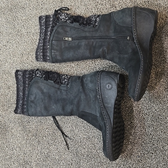 UGG Australia 1936 Tall Leather Winter Boots with Knit Cuff Wedge Shoes Sz 9 - Picture 4 of 9